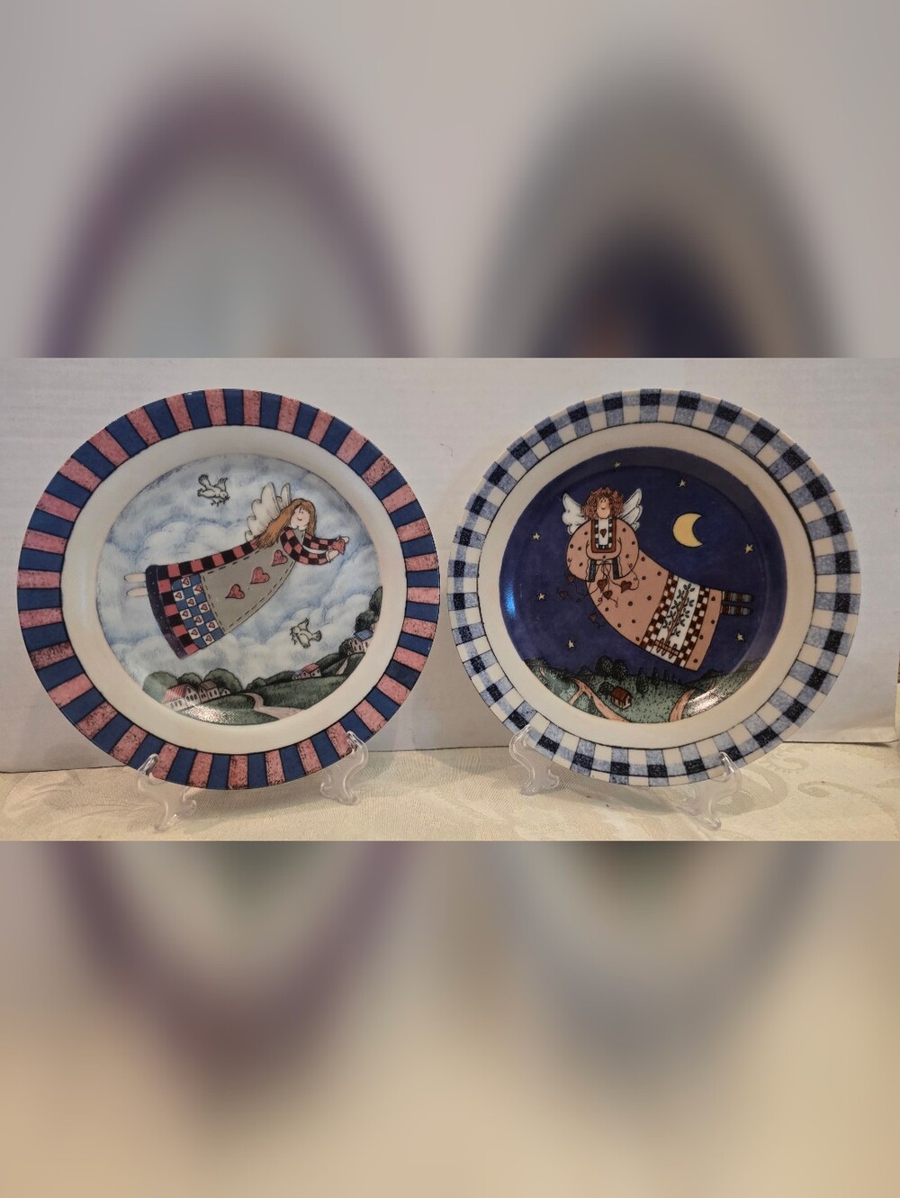 Vintage Angel Folk Art 8" Decorative Plate Pair of 2- Day& Night Angels